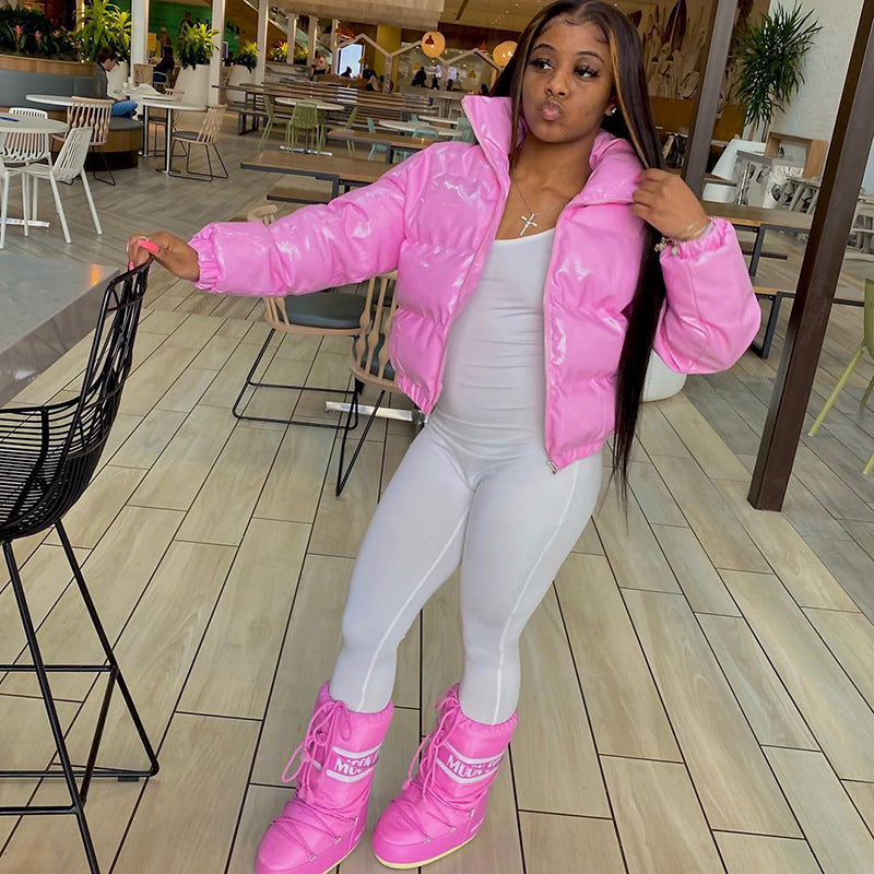 Sisterlinda Faux PU Leather Y2K Bubble Puffer Winter Warm Jacket Women Coats Long Sleeve Outerwear Zipper Casual Slim Parkas2021