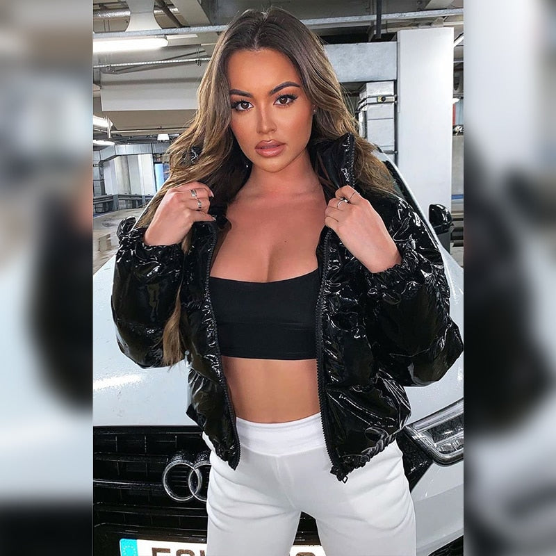 Sisterlinda Faux PU Leather Y2K Bubble Puffer Winter Warm Jacket Women Coats Long Sleeve Outerwear Zipper Casual Slim Parkas2021