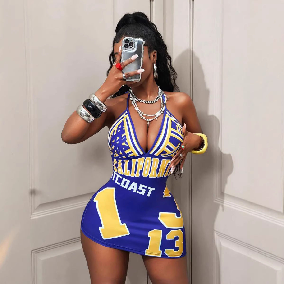 Womens Fashionable Sexy Printed Halterneck Deep-V Backless Dress