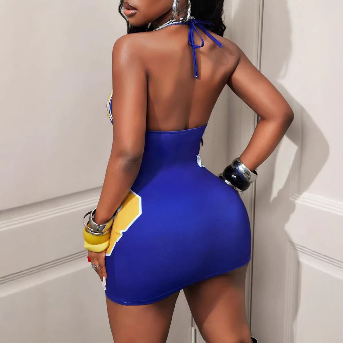 Womens Fashionable Sexy Printed Halterneck Deep-V Backless Dress