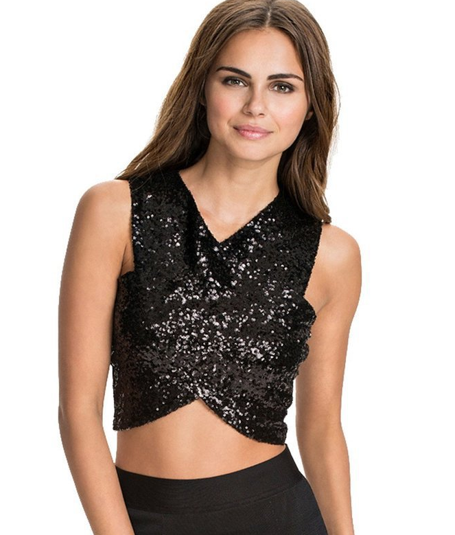 Sexy gold sequined cross-waist top