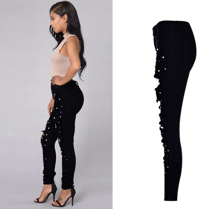 high waist studded pearl denim