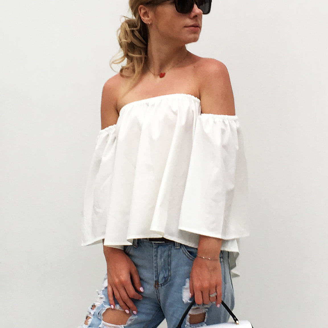 off-shoulder chiffon shirt