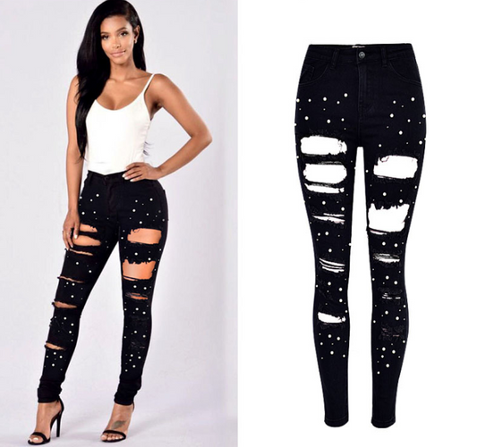high waist studded pearl denim